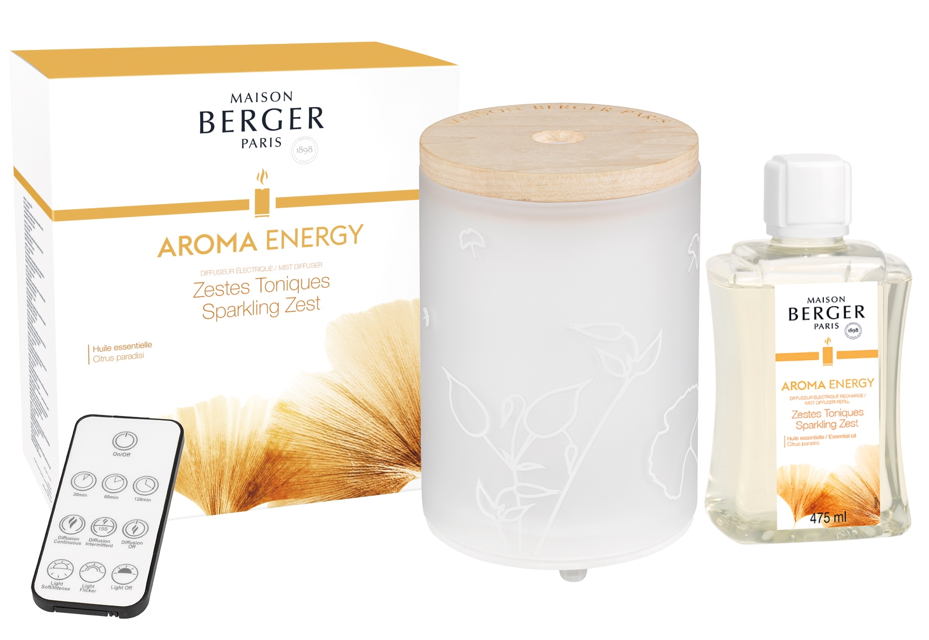 Difuzor ultrasonic parfum Berger Aroma Energy + parfum Zestes toniques 475ml Maison Berger