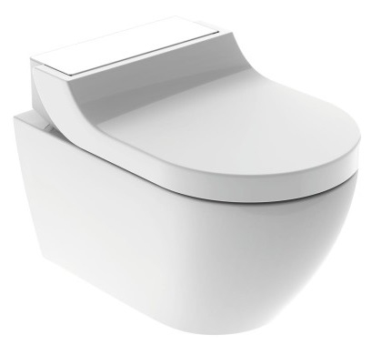 Set vas WC suspendat Geberit AquaClean Tuma Comfort capac inchidere lenta functie bideu electric ornament sticla alba Geberit