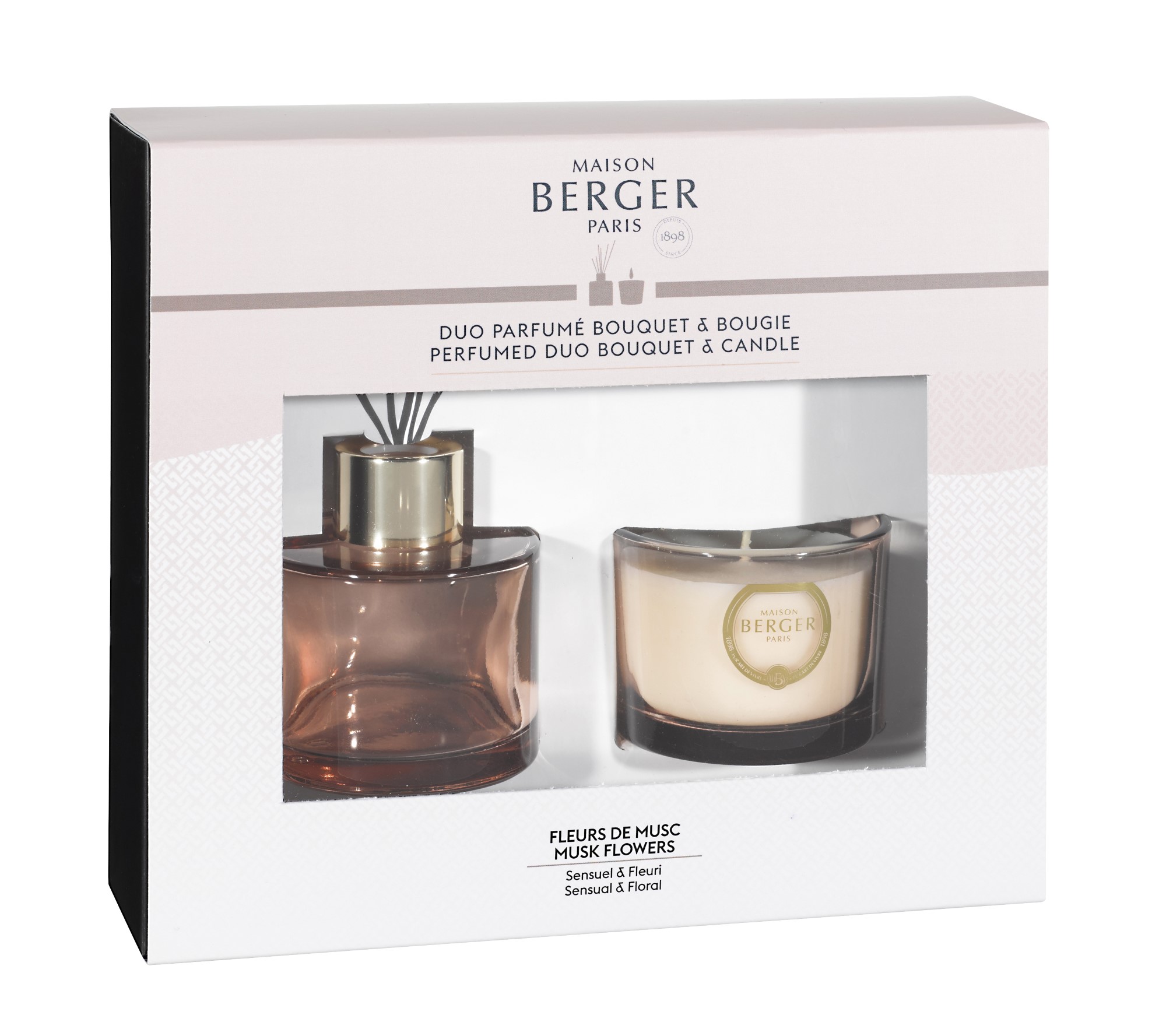 Set Berger mini Duo Senso cu difuzor parfum 80ml + lumanare parfumata 80g Fleurs de Musc Maison Berger