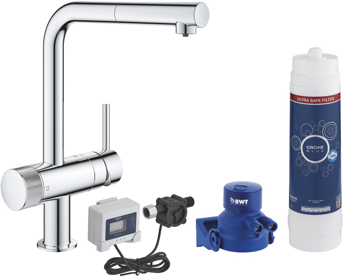 Baterie bucatarie Grohe Blue Pure Minta cu dus extractibil pipa L si sistem filtrare Ultrasafe starter kit crom baterie