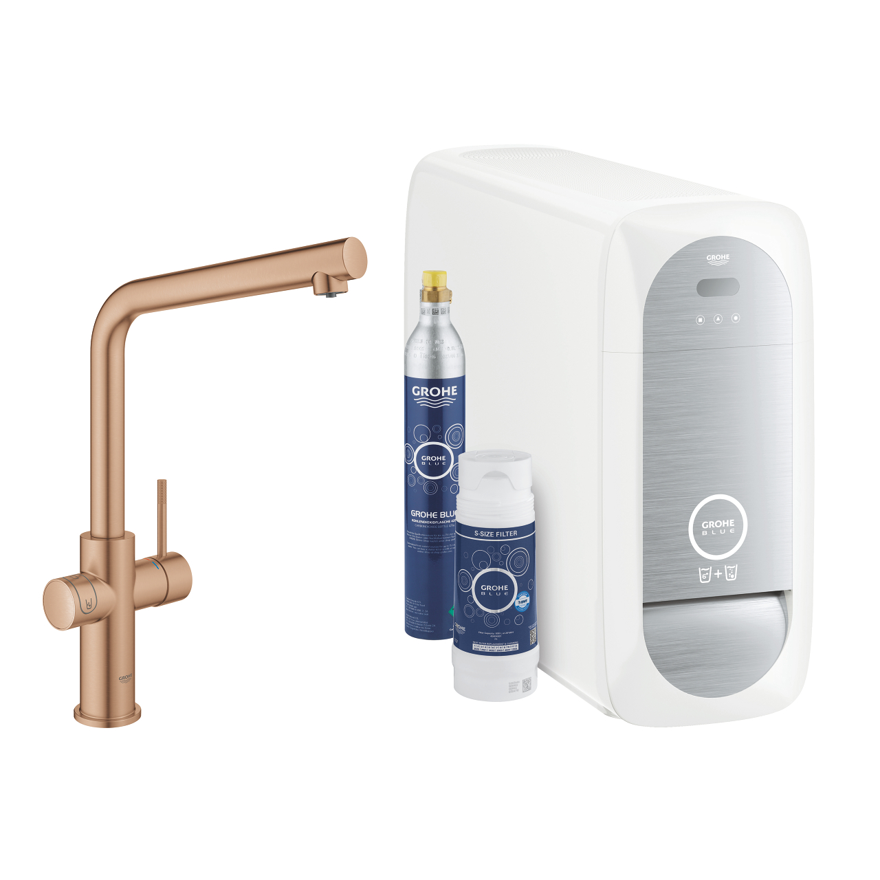 Baterie bucatarie Grohe Blue Home cu pipa L sistem filtrare starter kit brushed warm sunset Baterie