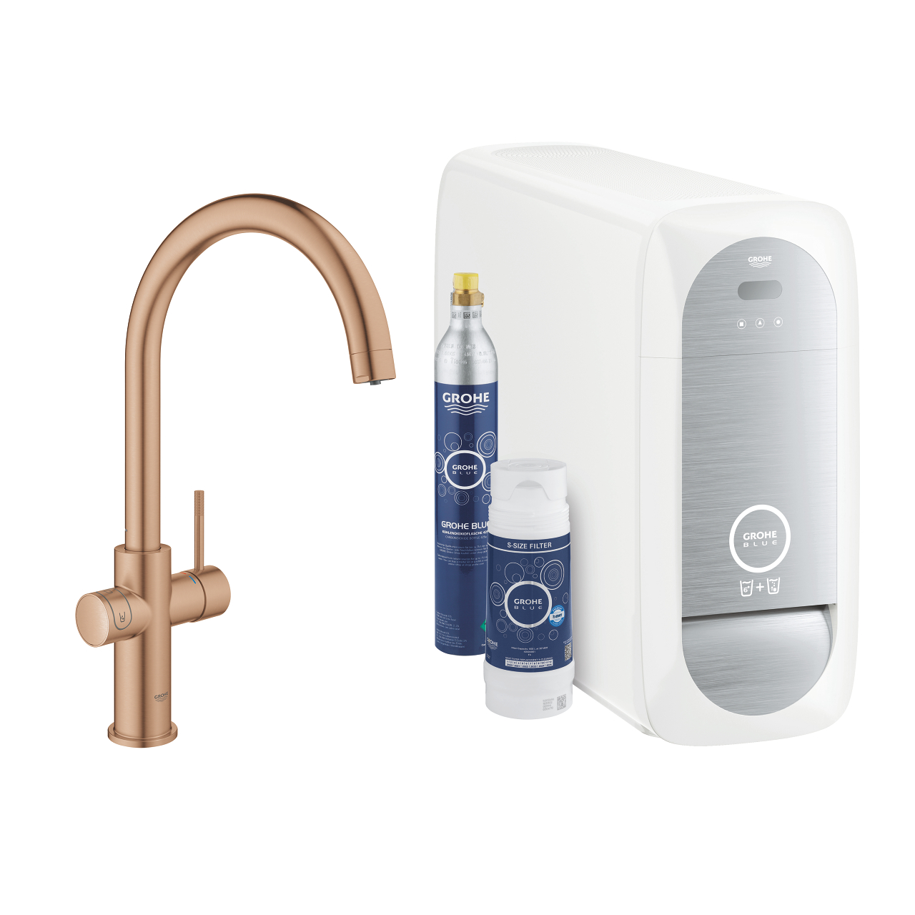 Baterie bucatarie Grohe Blue Home cu pipa C sistem filtrare starter kit brushed warm sunset (Warm