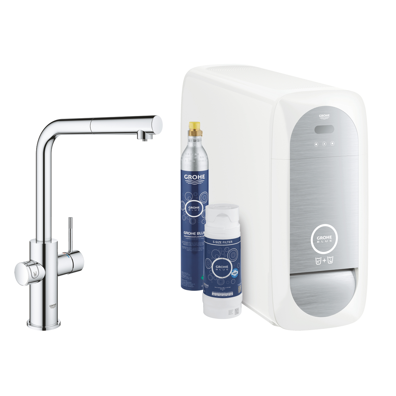Baterie Bucatarie Grohe Blue Home Duo Cu Dus Extractibil Pipa L Sistem Filtrare Racire Si Carbonatare Starter Kit Crom ( 32.g 31539000.GHR )
