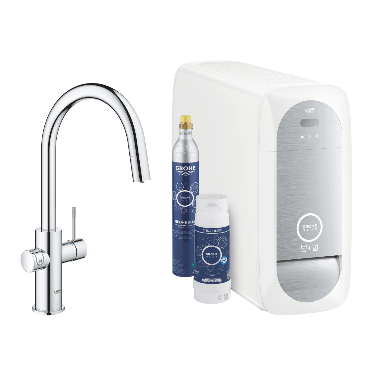 Baterie Bucatarie Grohe Blue Home Duo Cu Dus Extractibil Pipa C Sistem Filtrare Racire Si Carbonatare Starter Kit Crom ( 32.g 31541000.GHR )