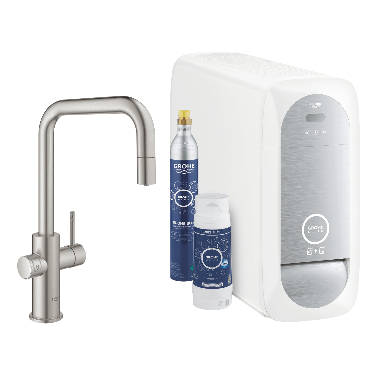 Baterie Bucatarie Grohe Blue Home Duo Cu Dus Extractibil Pipa U Sistem Filtrare Racire Si Carbonatare Starter Kit Supersteel ( 32.g 31543DC0.GHR )