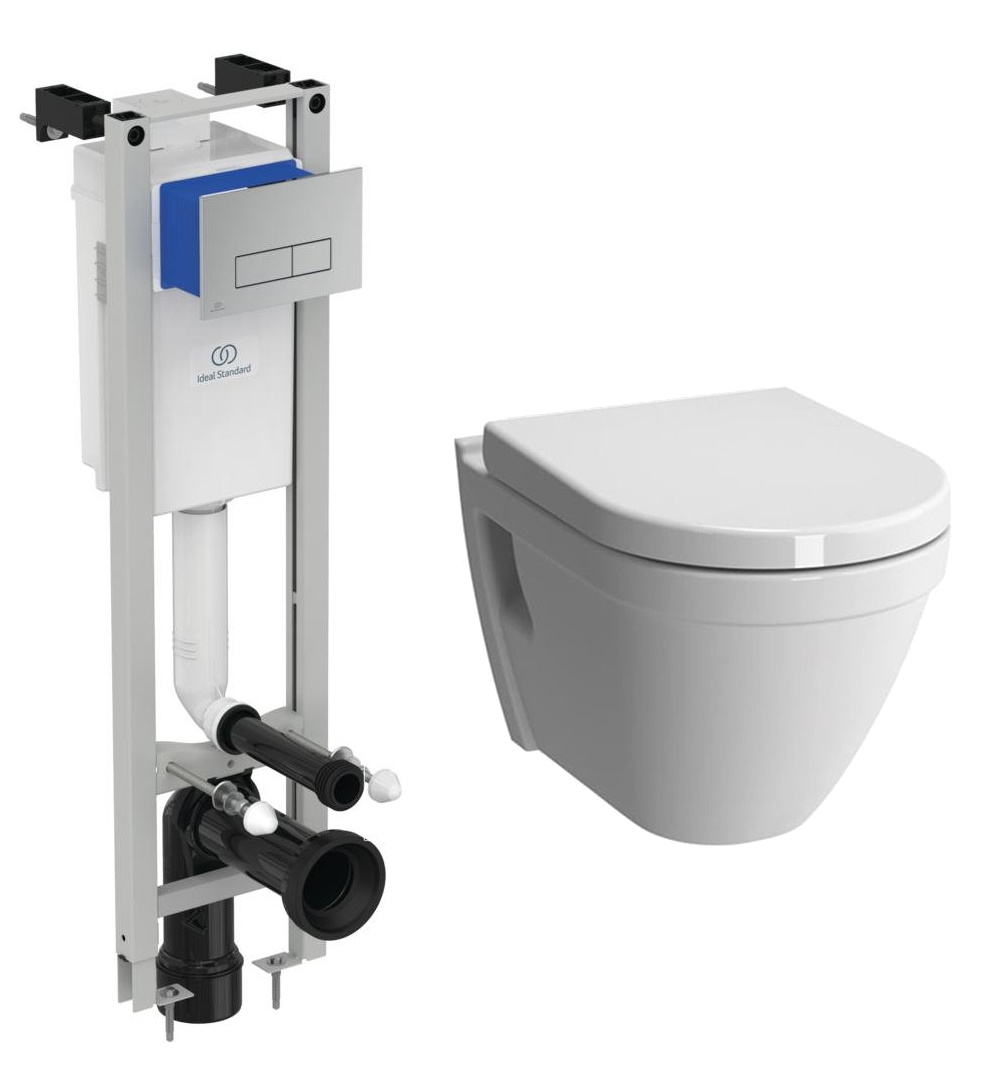 Set vas WC suspendat Vitra S50 si capac inchidere lenta si rezervor incastrat Ideal Standard ProSys Eco M cu cadru metalic si clapeta Oleas M2 crom lucios Baie