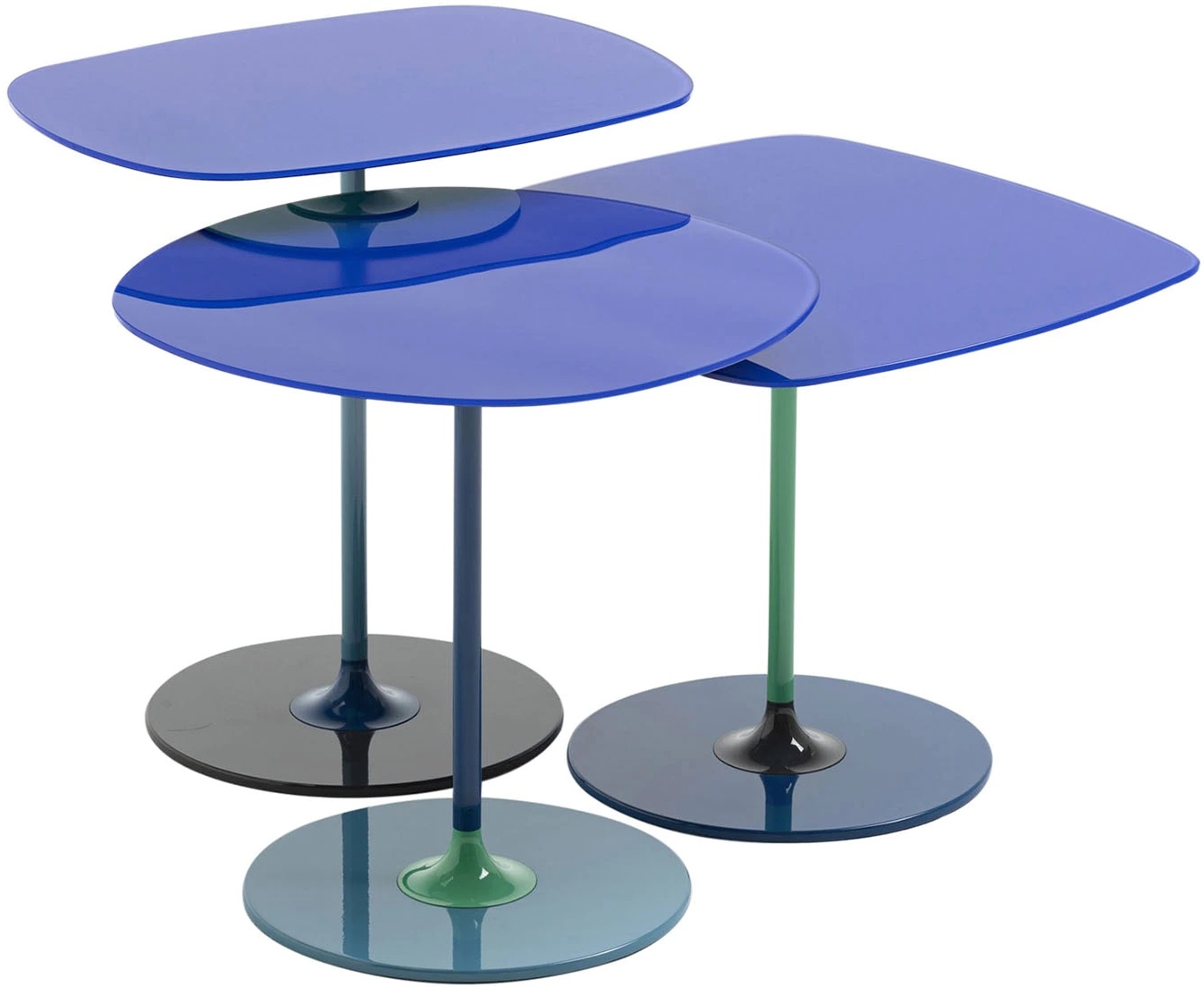 Set 3 masute Kartell Thierry design Piero Lissoni baza metal blat sticla albastru Albastru imagine reduss.ro 2022