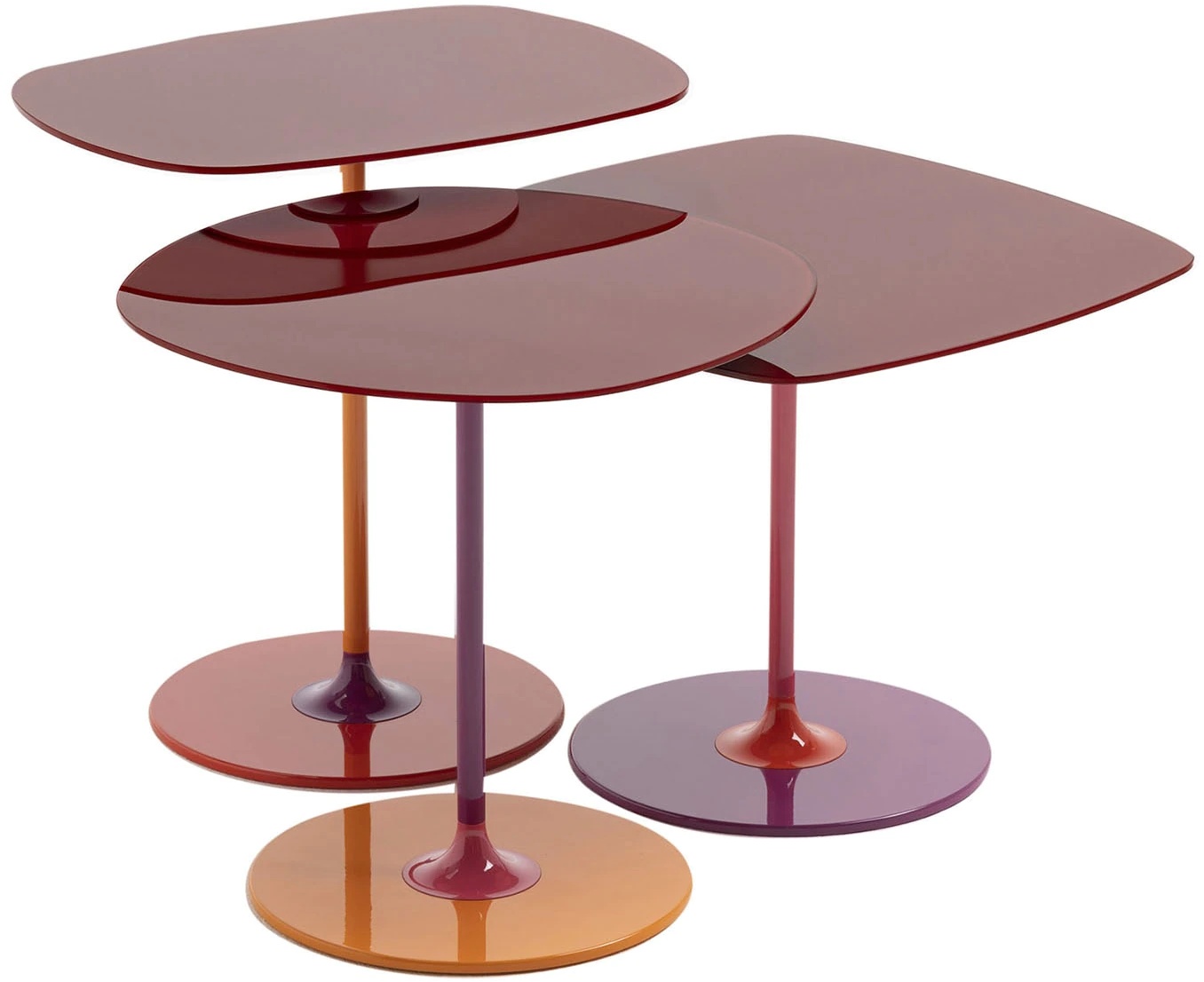 Set 3 masute Kartell Thierry design Piero Lissoni baza metal blat sticla burgundy baza imagine reduss.ro 2022