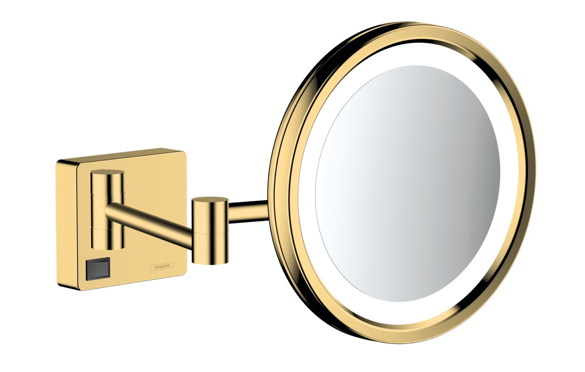 Oglinda cosmetica cu brat Hansgrohe Logis AddStoris x3 16cm iluminat LED gold optic lustruit Hansgrohe