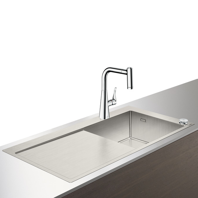 Set Hansgrohe Select Sink Combi C71-F450-02 chiuveta inox 1045mm cu picurator stanga + baterie cu pipa rotativa si dus extractibil crom Hansgrohe pret redus imagine 2022