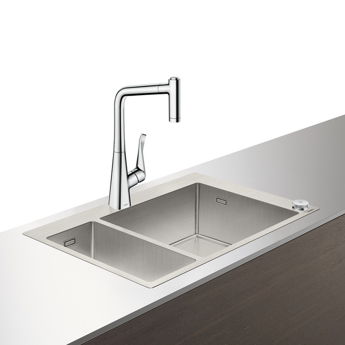 Set Hansgrohe Select Sink Combi C71-F655-04 chiuveta inox 500x755mm cuva mare dreapta + baterie cu pipa rotativa si dus extractibil crom Hansgrohe