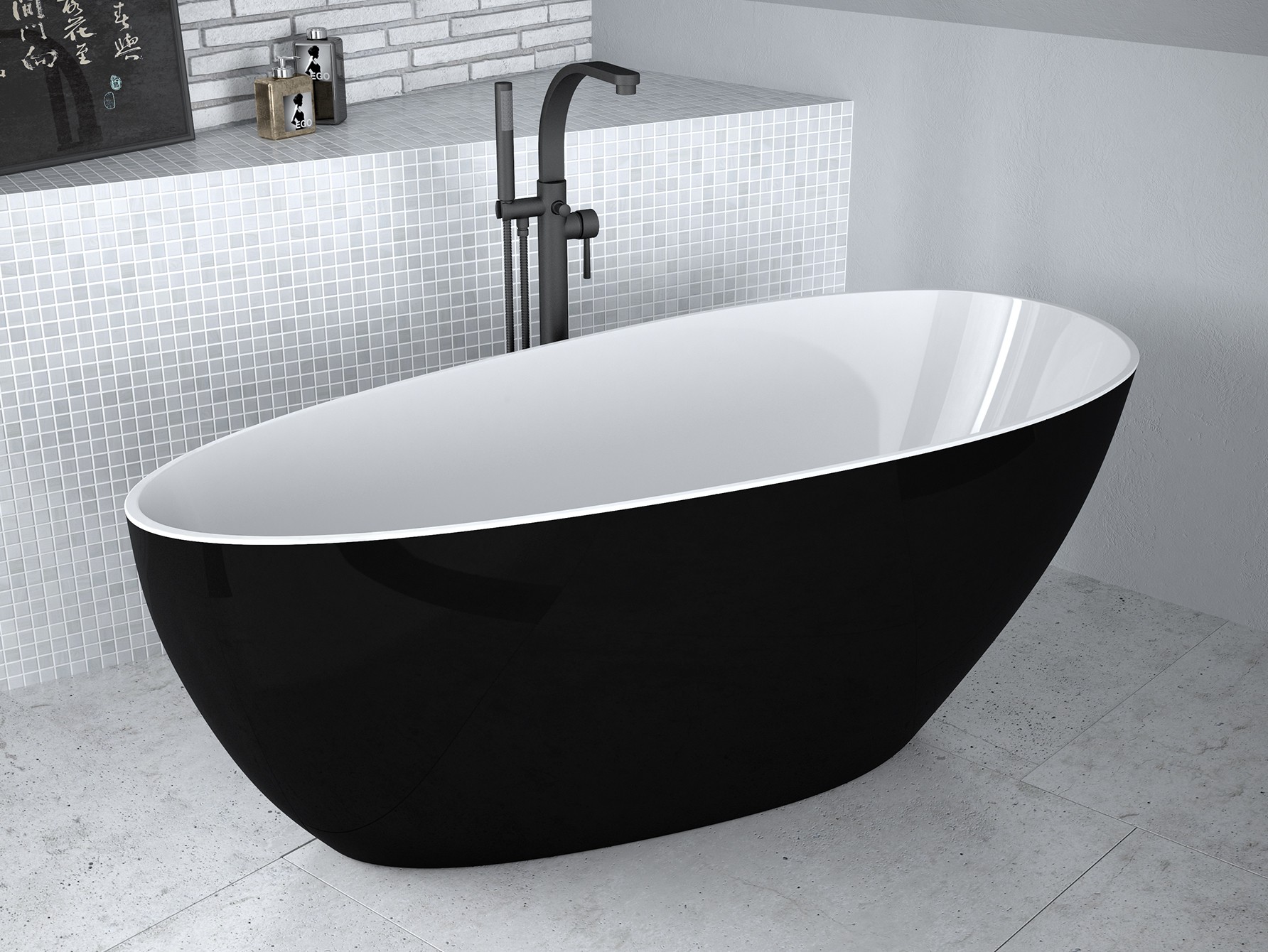 Cada free-standing Besco Goya Black & White 170x72cm negru-alb ventil click-clack cu top cleaning alb 170x72cm