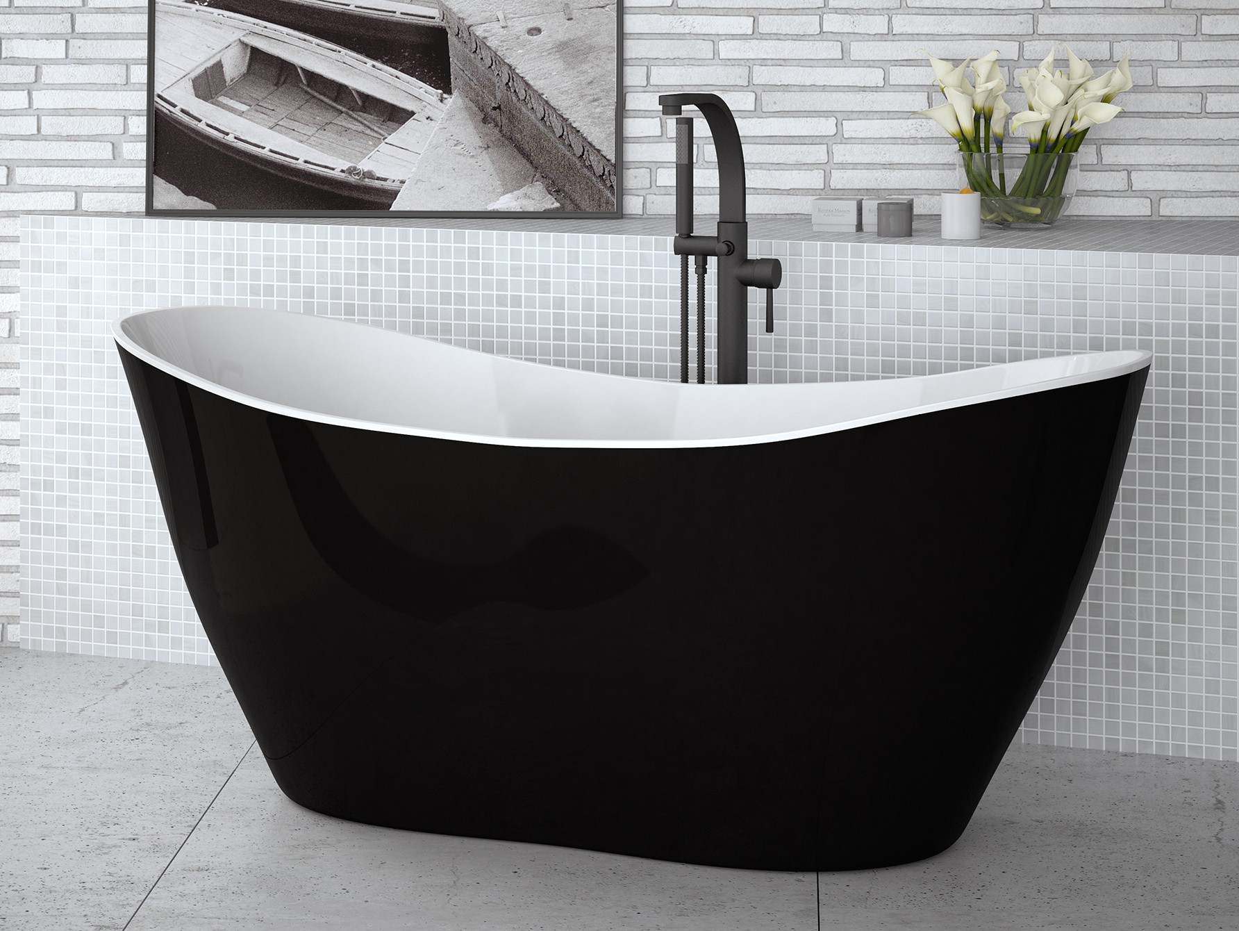 Cada free-standing Besco Viya Black & White 160x70cm negru-alb ventil click-clack cu top cleaning negru mat 160x70cm