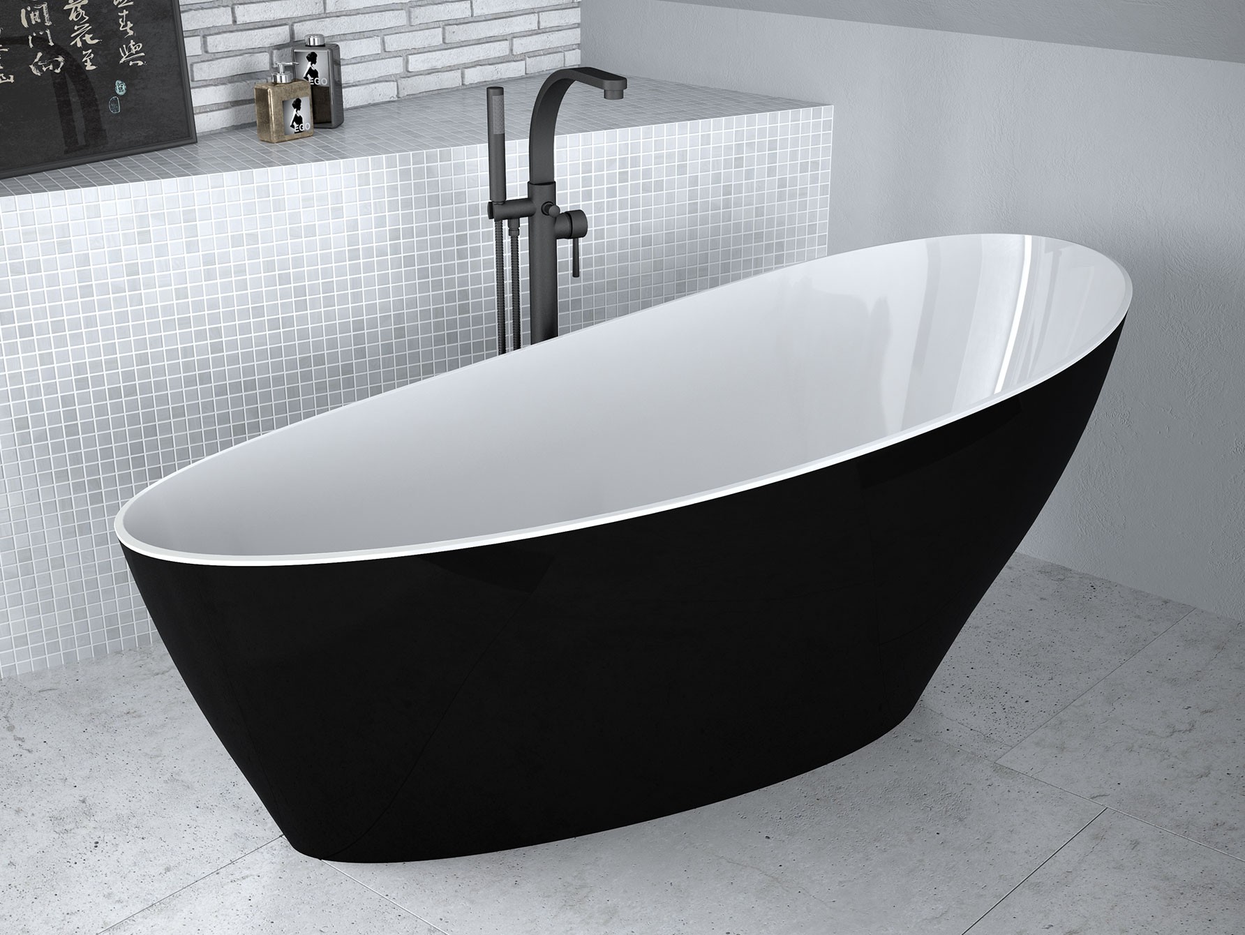 Cada free-standing Besco Keya Black & White 165x70cm negru-alb ventil click-clack cu top cleaning negru mat 165x70cm