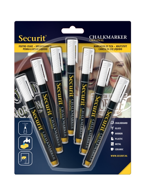 Set 7 markere creta Securit Liquid Small 1-2mm alb Securit
