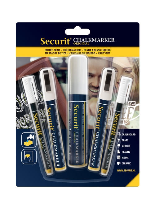 Set 5 markere creta Securit Liquid Small Medium Large alb Accesorii