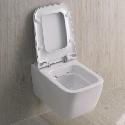 Set vas WC suspendat Geberit iCon Square Rimfree cu capac inchidere lenta, rezervor incastrat cu cadru Geberit Duofix Sigma UP320 cu set fixare si set fonoizolant incluse, fara clapeta