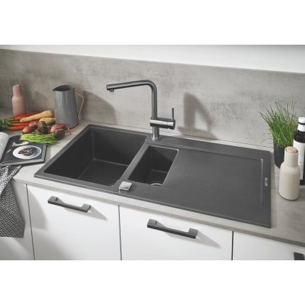Baterie bucatarie Grohe Minta cu dus extractibil dual spray, pipa L, brushed hard graphite