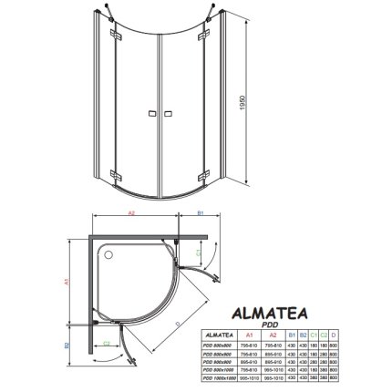 Cabina de dus semirotunda asimetrica Radaway Almatea PDD 90x80cm