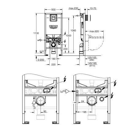 Set rezervor incastrat Grohe Rapid SLX 3-in-1 cu cadru, pentru vase wc cu functie de bideu, priza integrata, clapeta Skate Cosmopolitan S crom