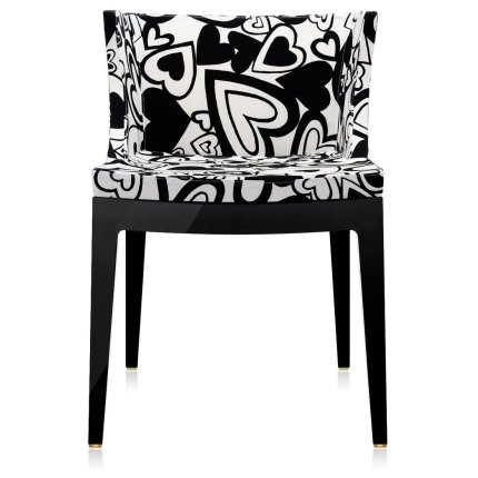 Scaun Kartell Mademoiselle design Philippe Starck, tapiterie Moschino, inimi alb-negru