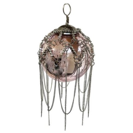 Set 6 decoratiuni brad Deko Senso glob 8cm, sticla, roz antic cu lantisor argintiu