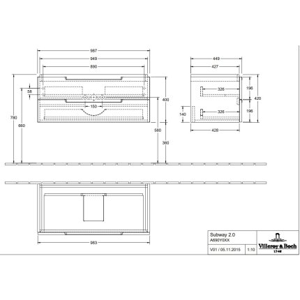 Dulap baza suspendat Villeroy & Boch Subway 2.0, 987x420x449mm lemn albit