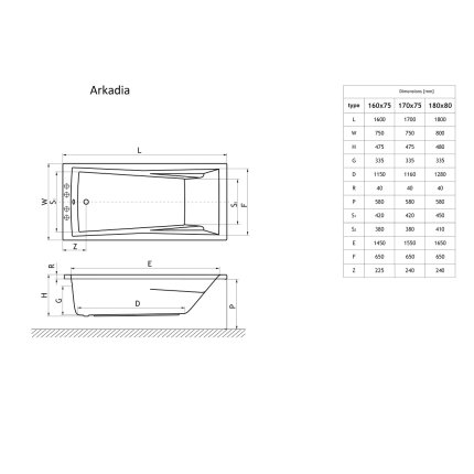 Cada baie rectangulara Radaway Arkadia 160x75cm, acril