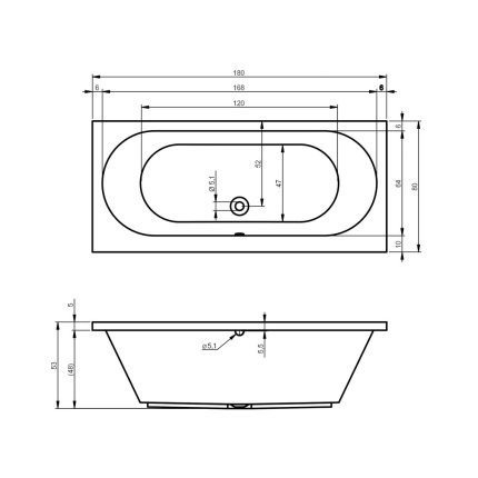 Cada baie rectangulara Riho Carolina 180x80cm, complet echipata cu masti, suport si sifon, acril