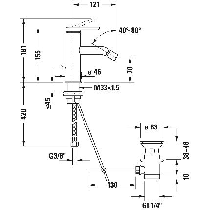 Baterie bideu Duravit C.1, ventil pop-up