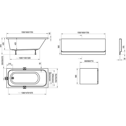 Cada baie rectangulara Ravak Concept Chrome 150x70cm, acril, sistem picioare 70 U inclus