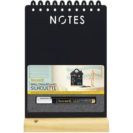 Tabla de scris Securit Silhouette Notes 34x21x6cm, baza de lemn, include marker creta, negru