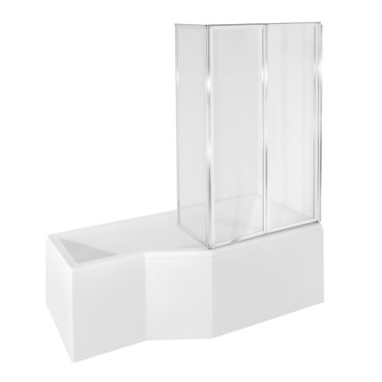 Cada baie asimetrica Besco Integra 170x75cm cu paravan sticla 3 elemente, orientare dreapta, set masti incluse, alb