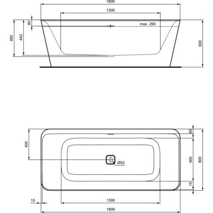 Cada free-standing Ideal Standard Tonic II 180x80cm, cu sifon tip push-open inclus, alb mat