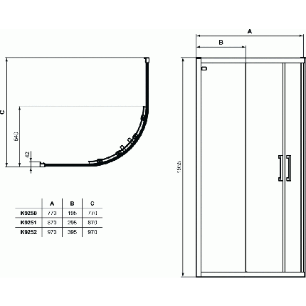 Cabina de dus semirotunda Ideal Standard Connect 2  90x90cm, usi culisante, sticla 6mm tratata IdealClean