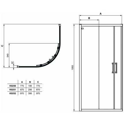Cabina de dus semirotunda Ideal Standard Connect 2 90x90cm, usi culisante, sticla 6mm tratata IdealClean, profil negru mat