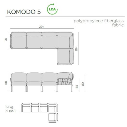 Canapea modulara exterior Nardi Komodo 5, 294x154cm, cadru verde, perne gri Tech Panama
