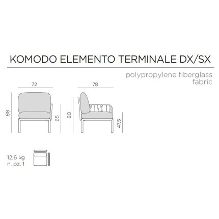 Element terminal Nardi Komodo 5, 72cm dreapta/stanga, cadru alb, perne gri komodo
