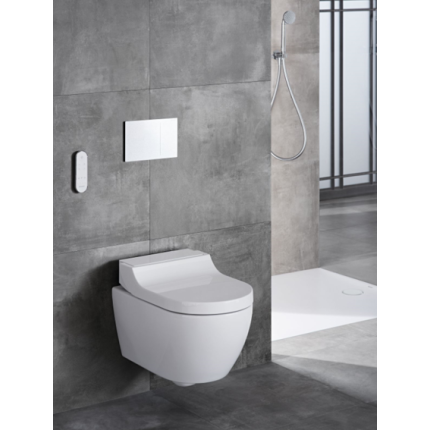 Set vas WC suspendat Geberit AquaClean Tuma Comfort, capac inchidere lenta, functie bideu electric, ornament sticla neagra