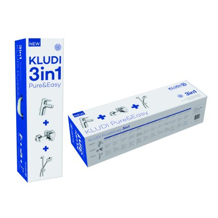 Set baterii 3in1 Kludi Pure&Easy, include baterie de lavoar, baterie de cada si set de dus
