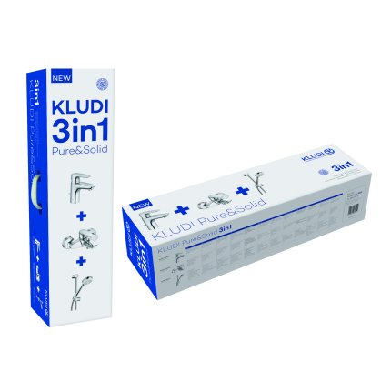Set baterii 3in1 Kludi Pure&Solid, include baterie de lavoar, baterie de cada si set de dus
