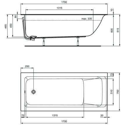 Cada baie rectangulara Ideal Standard Connect Air Slim 170x75cm, acril alb mat