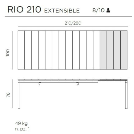 Masa exterior Nardi Rio 210 extensibile, max 280x100cm, baza aluminiu, taupe