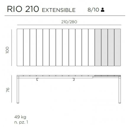 Set mobilier exterior Nardi cu masa extensibila Rio 210 si 6 scaune Net, alb