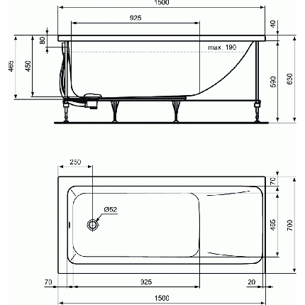 Cada baie rectangulara Ideal Standard Connect Air 150x70cm, acril, complet echipata cu panouri, sistem sustinere si sifon