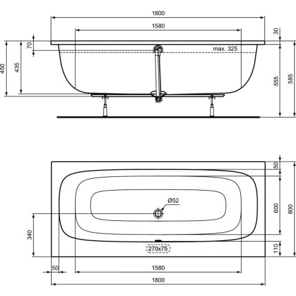 Cada baie rectangulara Ideal Standard i.life A DUO 180x80cm, acril