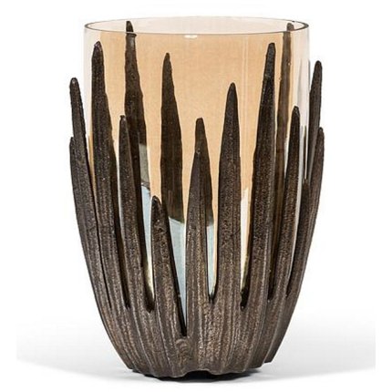 Vaza sticla cu suport metalic Deko Senso Ø 22x30cm, ambra