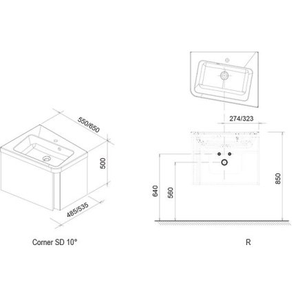 Dulap baza pentru lavoar de colt Ravak Concept 10° cu un sertar, 65x53.5x45cm, dreapta, alb