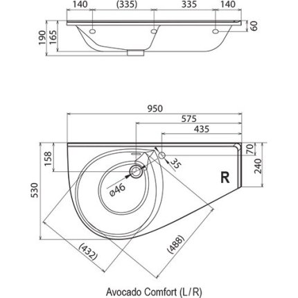 Lavoar asimetric Ravak Avocado Comfort R, 95x53cm, orientare dreapta, compozit
