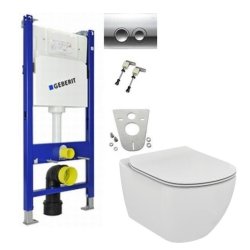 Obiecte sanitare Set vas WC suspendat Ideal Standard Tesi Aquablade cu capac inchidere normala, rezervor incastrat cu cadru Geberit si clapeta Delta crom lucios